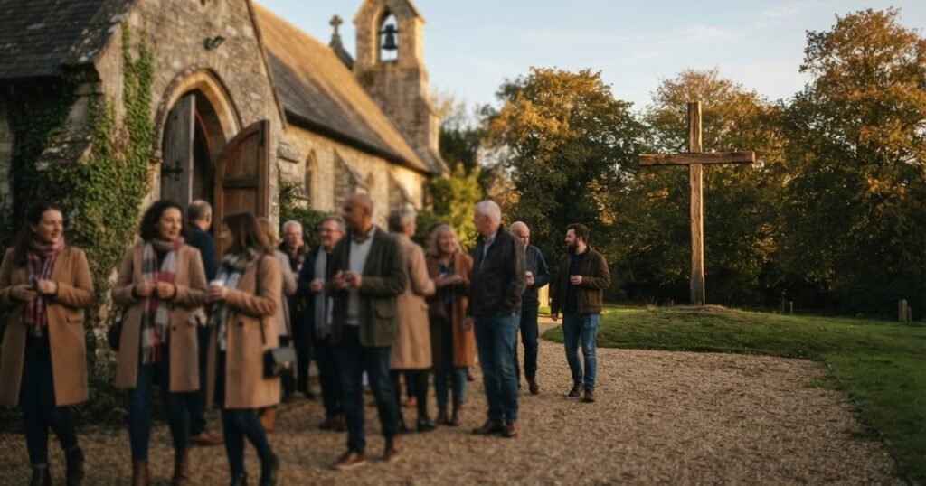 Christians outside a church with a wooden cross in the background, representing looking beyond imperfect Christians to Jesus