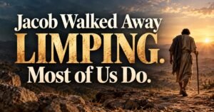 A man with a walking staff faces the sunrise beside the words “Jacob Walked Away Limping. Most of Us Do.”