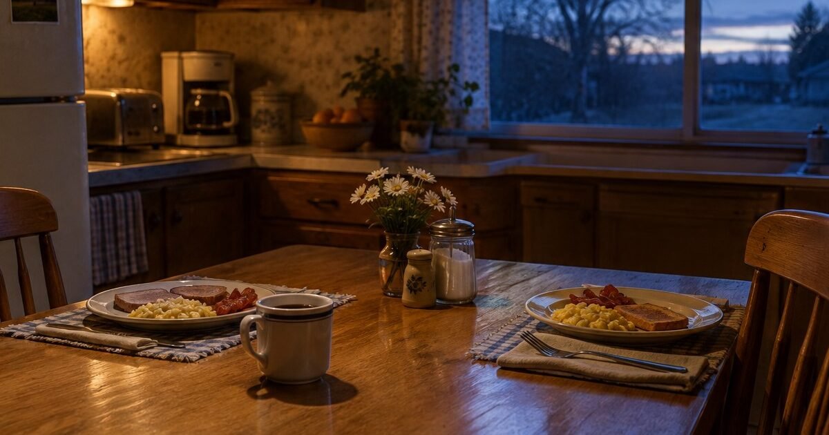 A quiet kitchen breakfast table before sunrise with two chairs, representing family memories and words left unsaid.