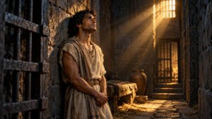 Joseph waiting faithfully in an ancient Egyptian prison as warm light enters through a high window.
