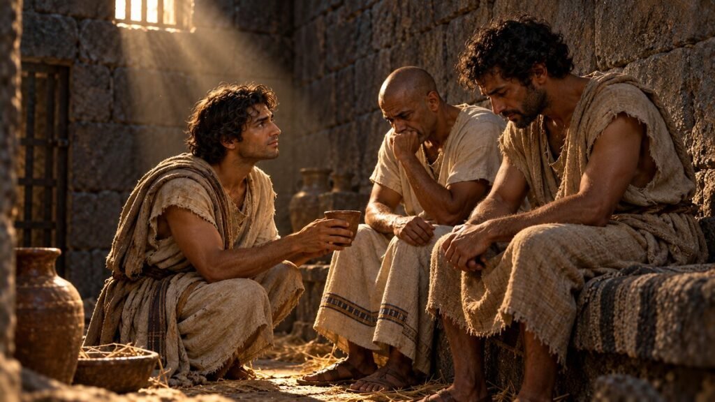 Joseph listens compassionately to two troubled prisoners while serving faithfully in an ancient Egyptian prison
